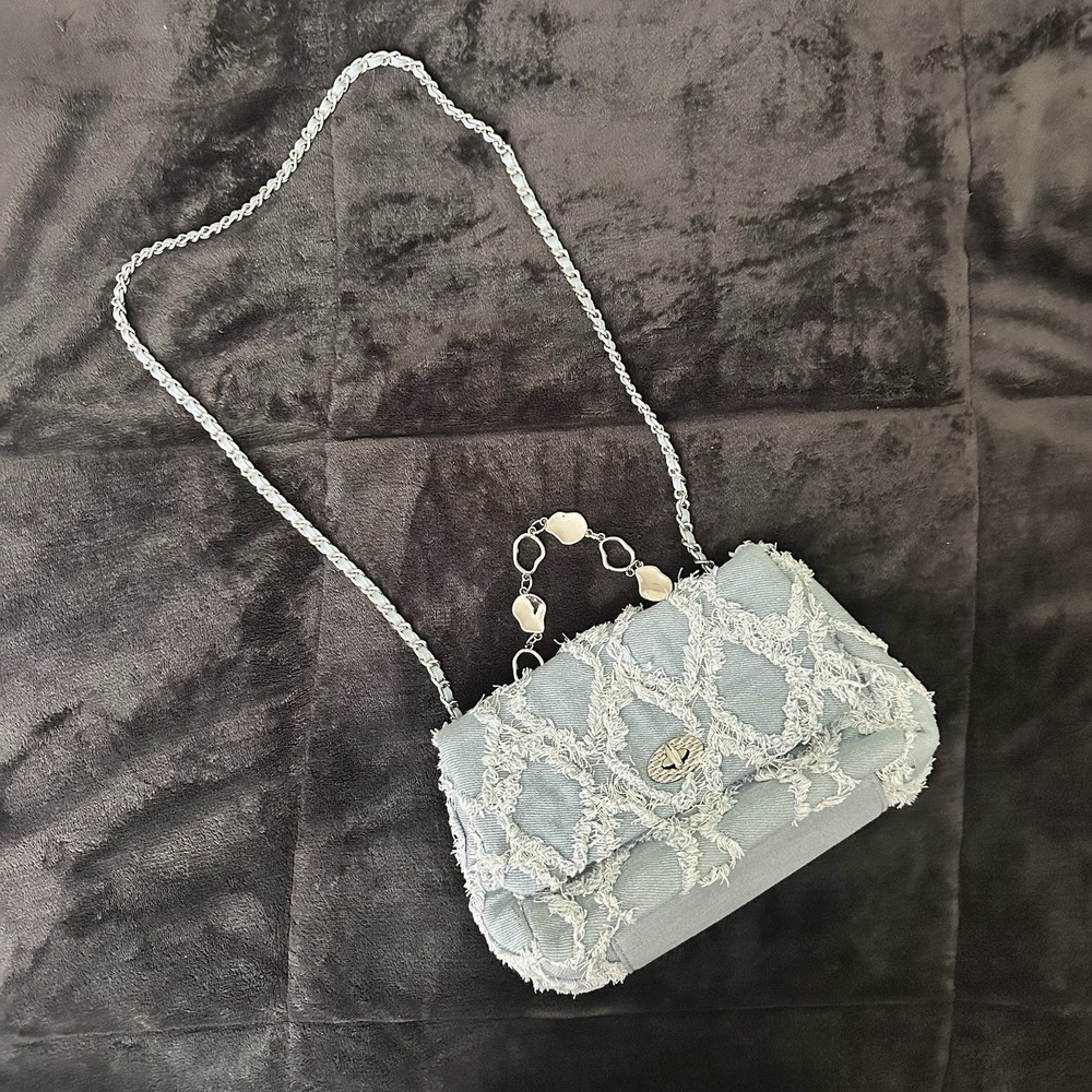 CHISIY Rhombus Frayed Denim Shoulder Bag 90s Y2K Distressed